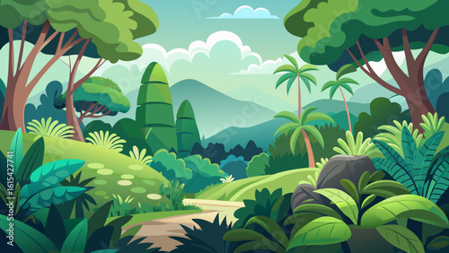Vector art of a vibrant cartoon illustration of a lush jungle landscape with rolling hills and trees