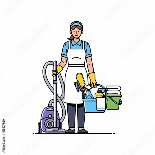 Vector Line Art SVG Icon of Woman Cleaning with Vacuum and Supplies in Modern Flat Style for Household and Janitorial Design