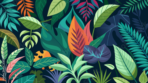 Vector art of a dense, vibrant pattern of diverse tropical leaves in shades of green, teal, and orange