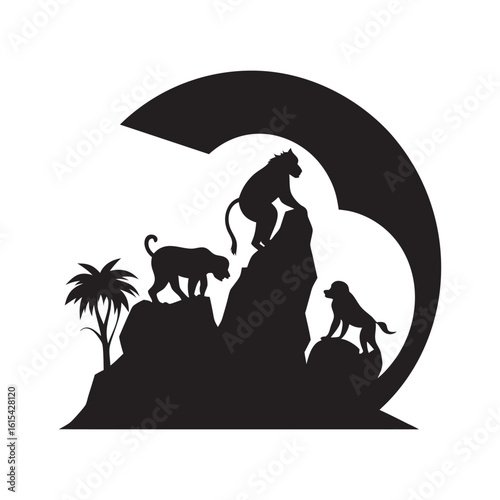 Baboons Moving Across Rocky Terrain Silhouette