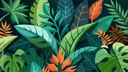Vector art of a vibrant jungle of lush tropical foliage with various shades of green and pops of orange