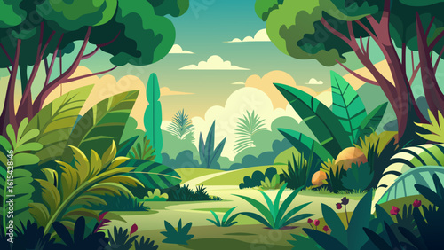 Vector art of a serene jungle landscape with a winding path through dense foliage towards hazy mountains at sunset