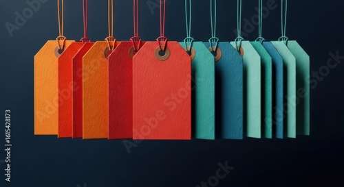 Variety of colorful paper tags hanging in a row
