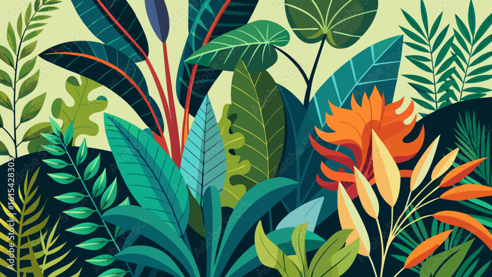 Fototapeta premium Vector art of an exotic jungle scene filled with diverse tropical plants and vibrant green leaves