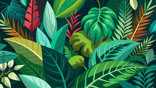 Vector art of a dense arrangement of tropical leaves showcasing a rich palette of greens and reds