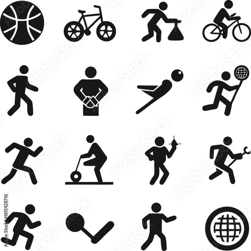 Black stick figure sport icons set featuring silhouettes of people engaged in various exercises and running, perfect for business or fitness illustrations