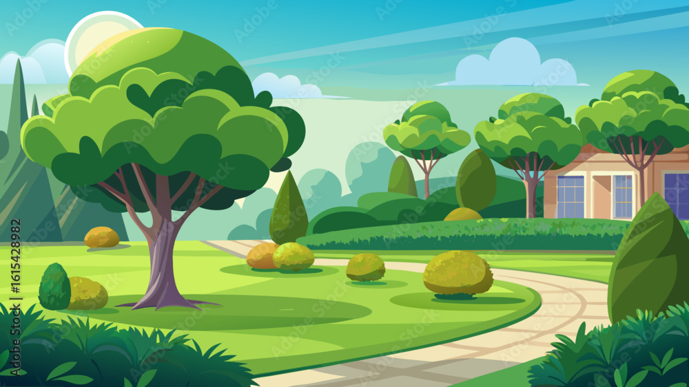 Obraz premium Vector art of a beautifully illustrated park with lush green trees, manicured bushes, and a winding pathway leading towards a charming house