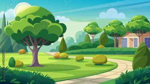 Vector art of a beautifully illustrated park with lush green trees, manicured bushes, and a winding pathway leading towards a charming house