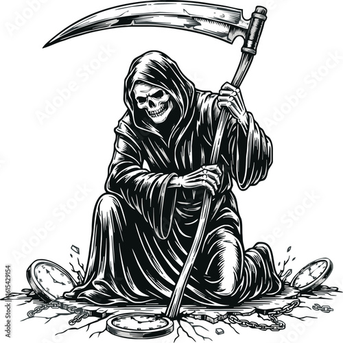 A kneeling Grim Reaper in a hooded cloak holds a scythe, surrounded by broken pocket watches and chains.