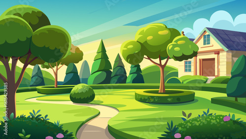 Vector art of a beautifully manicured suburban garden with a winding path leading to a charming house on a sunny day