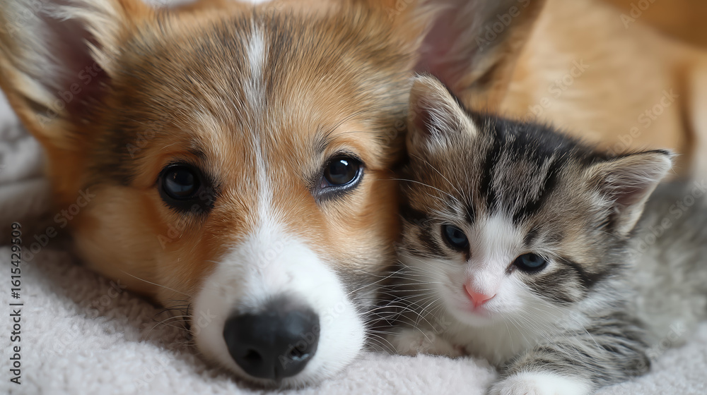 Obraz premium Corgi dog and tabby kitten snuggling together on a soft blanket, showcasing their adorable friendship and warmth in a cozy indoor environment
