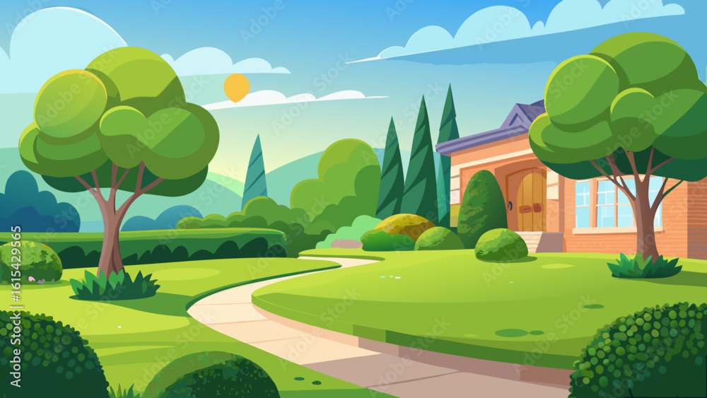 Fototapeta premium Vector art of a picturesque landscape featuring a winding path through a lush green garden towards a cozy house