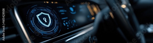 A car dashboard displays a digital security shield icon, representing advanced vehicle cybersecurity and protection technology.