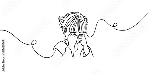 Girl crying, continious line drawing. Sadness, sorrow, period, help, loss, disappointment outline. Vector illustration