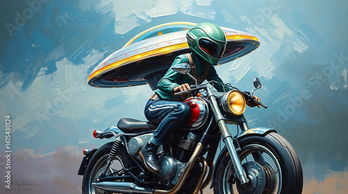 A mysterious rider on a motorcycle is abducted by a UFO beam at night.