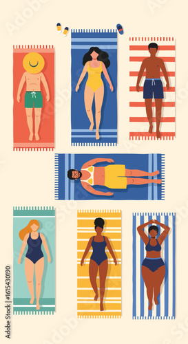 Diverse group of people relaxing on colorful beach towels under the summer sun enjoying vacation time together