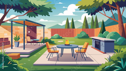 Vector art of a cheerful cartoon depiction of a backyard patio with a dining area under a modern pergola, a barbecue station, and comfortable seating, ideal for outdoor gatherings