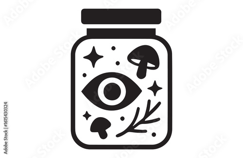 Apothecary Jar of Mystic Wonders An Enchanting Collection of Mushrooms, Stars, an Eye, and Magical Elements Captured in a Whimsical Silhouette