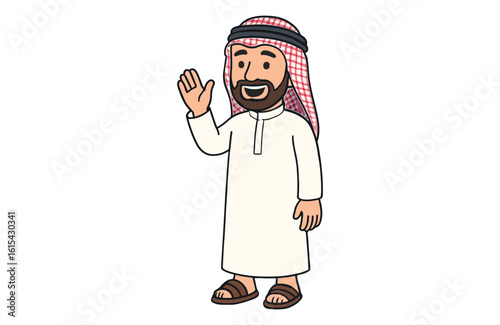 Friendly Arab Man in Traditional Dress Waving Hello with a Warm Smile and Welcoming Gesture of Friendship
