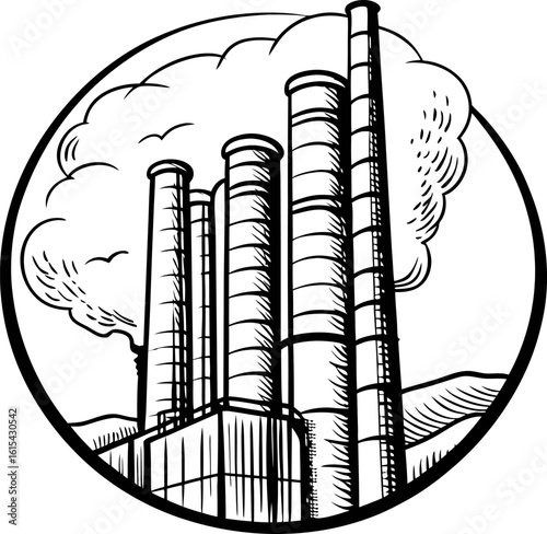 Industrial factory chimneys emitting smoke within circular frame heavy manufacturing, pollution, environmental impact