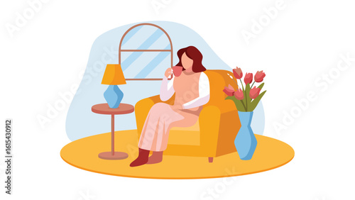 Woman relaxing in armchair with drink near window lamp and tulips in a cozy room interior scene