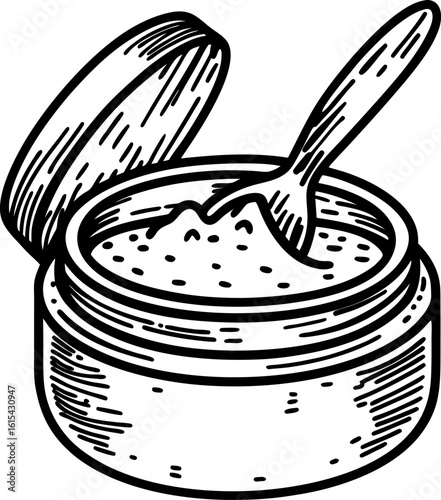 Open cosmetic jar with body scrub and spoon exfoliation care, skincare product, wellness and beauty treatment