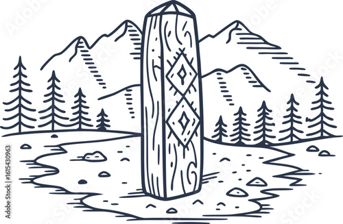 Carved wooden totem standing in forest clearing with mountain landscape background, nature wilderness scene