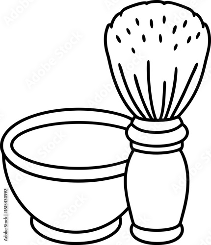 classic shaving brush and bowl illustration grooming tool outline, vintage barber shop accessory, minimal line icon