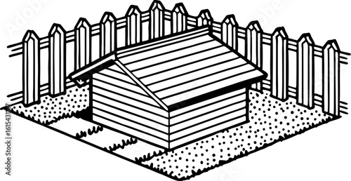 Doghouse in fenced backyard area, wooden pet shelter with sloped roof, outdoor animal housing illustration