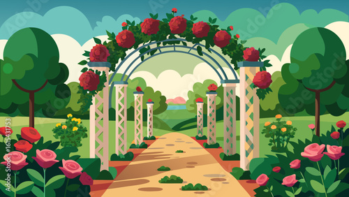 Vector art of an enchanting garden path lined with rosecovered archways and lush greenery