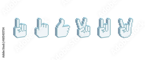 3D Pixel Art Hand Gesture Icons: Thumbs Up, Peace Signs, Rock and Pointing Gestures. Pixel hand gestures set of: like, thumbs up, peace sign, and pointing fingers. 3D-style pixel vector icons