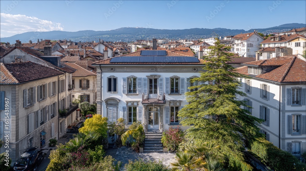 Obraz premium Historic European building, nestled in a city square, with rooftop solar panels