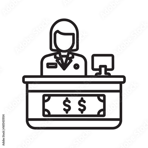 Cashier line icon. Female bank teller or shop assistant at a counter with a dollar sign. Vector illustration for payment, finance, and customer service.

