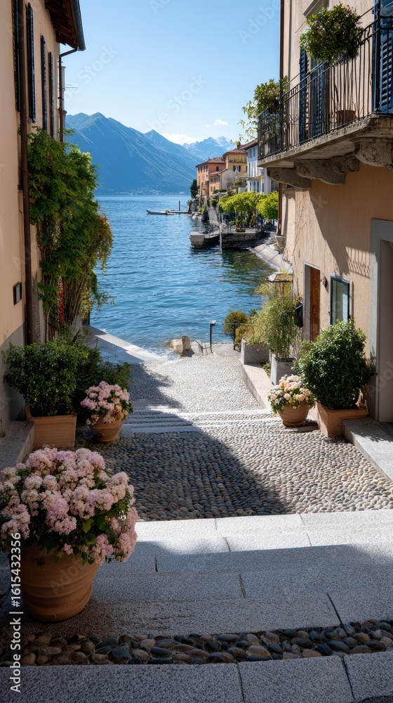 Fototapeta premium Flower-adorned cobblestone stairs lead to serene waters, colorful buildings, and lush greenery, creating a romantic ambiance