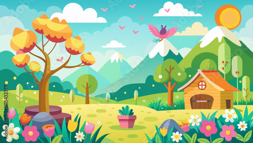 Vector art of a cheerful spring scene featuring a cozy cottage, blooming trees with yellow fruit, and colorful flowers in a scenic valley
