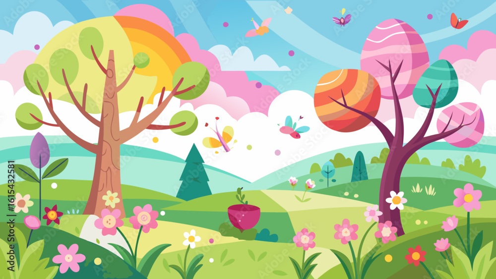 Fototapeta premium Vector art of a delightful spring panorama showcases colorful trees, abundant flowers, gentle hills, and fluttering butterflies under a soft, pastel sky