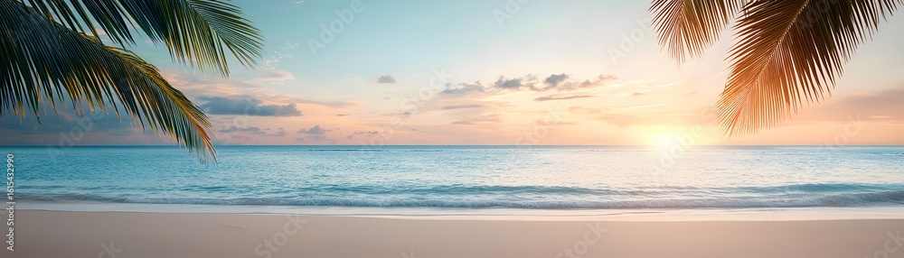 A serene tropical beach at sunrise, with calm waves, palm trees, and a colorful sky. A serene tropical beach at sunrise, with calm waves, palm trees, and a colorful sky.