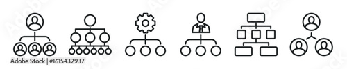 Hierarchy thin line icon set. Organization, leadership, management minimal editable stroke icons