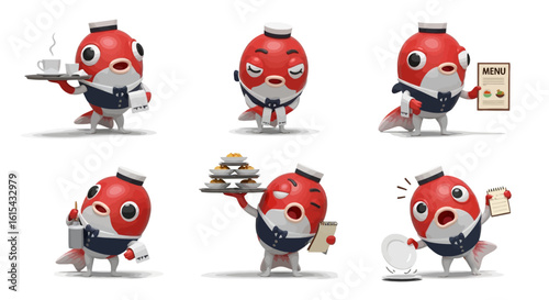 Six stylized koi fish characters in various costumes, including wizard, knight, pirate, and ninja, against a blue background.