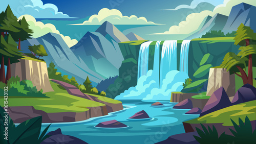 Vector art of a majestic waterfall cascades down rugged cliffs into a winding river surrounded by lush green forests and mountains