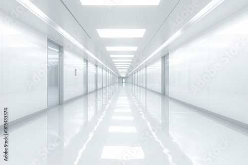 Endless futuristic corridor with white walls and bright lighting creating a sterile, minimalist, and surreal atmosphere