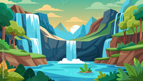 Vector art of a breathtaking scene unfolds with powerful waterfalls plunging into a tranquil river, set against a backdrop of layered mountains and vibrant foliage