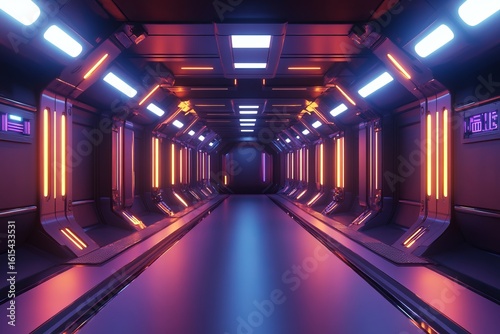 Fototapeta Naklejka Na Ścianę i Meble -  Futuristic sci-fi corridor with glowing neon lights in a high-tech spaceship interior, showcasing vibrant cyberpunk design