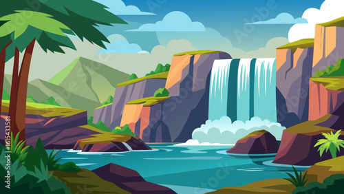 Vector art of a powerful waterfall crashes into a clear river, with dramatic cliffs and verdant trees creating a stunning natural landscape under a colorful sky
