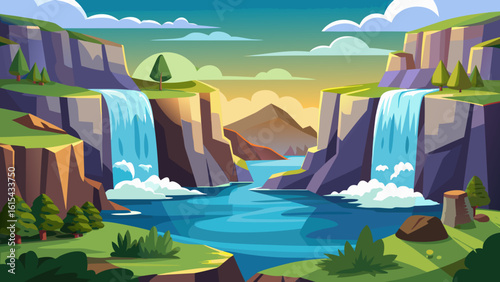 Vector art of twin waterfalls plunge into a winding river between dramatic cliffs, bathed in the warm glow of a setting sun
