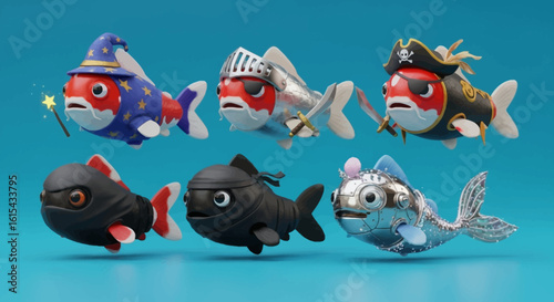 Six stylized koi fish characters in various costumes, including wizard, knight, pirate, and ninja, against a blue background.