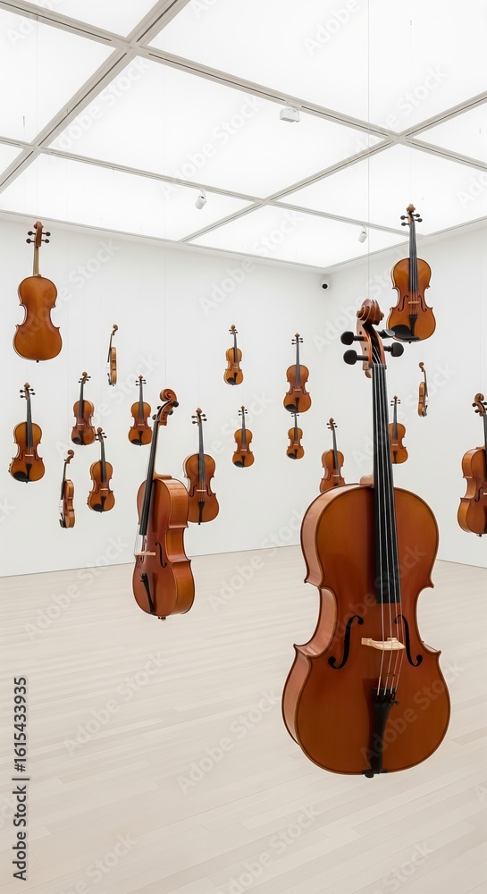 Fototapeta premium Floating violins suspended in a bright minimalist gallery with white walls and light wooden flooring