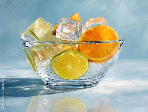 Ice cubes and citrus slices floating in a clear glass bowl