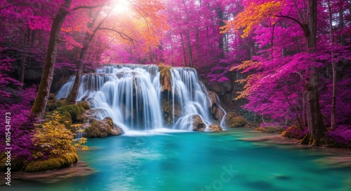 Enchanting Waterfall in a Mystical Forest with Vibrant Colors