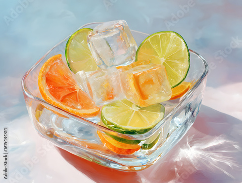 Ice cubes and citrus slices floating in a clear glass bowl